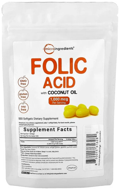 Micro Ingredients 엽산 1000mcg 소프트젤 500정 MII-61628, 1개 - 쿠팡