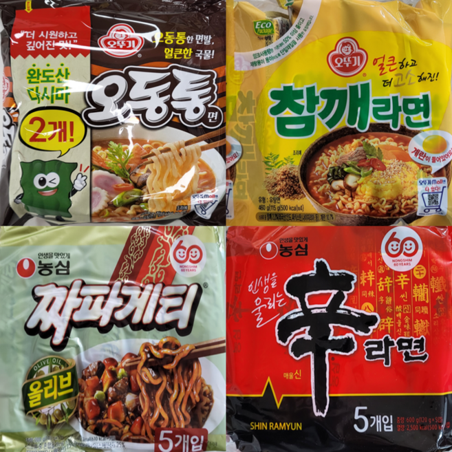농심 오뚜기 봉지라면 인기라면 4종 19P ( 오동통 5P + 참깨라면 4P + 짜파게티 5P + 신라면 5P ), 1세트