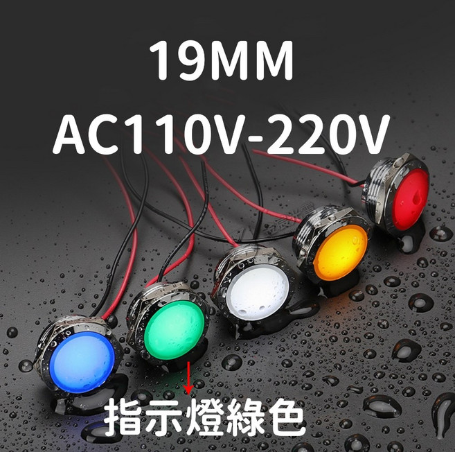 19mm 金屬指示燈 AC 110V-220V DC12V-24V, 1個, ＡＣ１１０Ｖ－２２０Ｖ帶線指示燈－綠色, 綠色, ＡＣ１１０Ｖ－２２０Ｖ