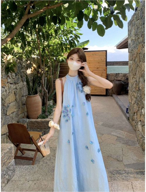 POMTOR 여름 여성 홀터넥 롱 원피스