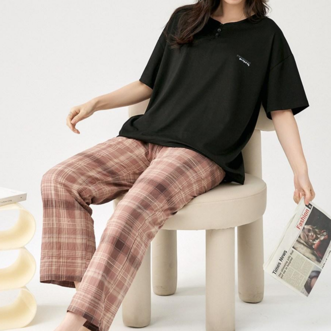 여성 캐주얼 베이직 봄여름 우븐 실내복 반팔 탑 체크 롱 바지 파자마 세트 2 피스