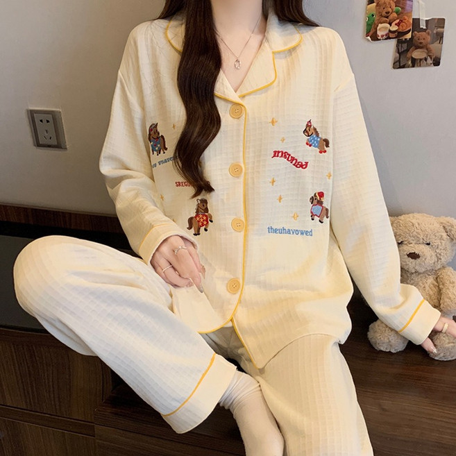 한스타일 무지 카툰 자수 에어 솜 가을겨울 여성 파자마 홈웨어 세트