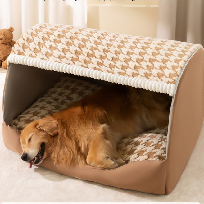 DEEP SLEEP 寵物窩 封閉式保暖狗屋, 1個, 洛米棕千鳥格,XXL80*68*67(適用40kg內), 洛米棕千鳥格