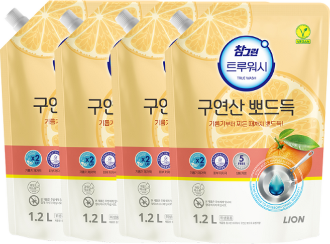 참그린 구연산 뽀드득 트루워시 주방세제 오렌지향 리필 1.2L, 4개, 1200ml