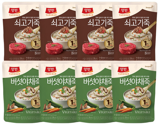 [동원] 양반 파우치죽 420g 쇠고기죽 x 4개 + 야채죽 x 4개, 1개