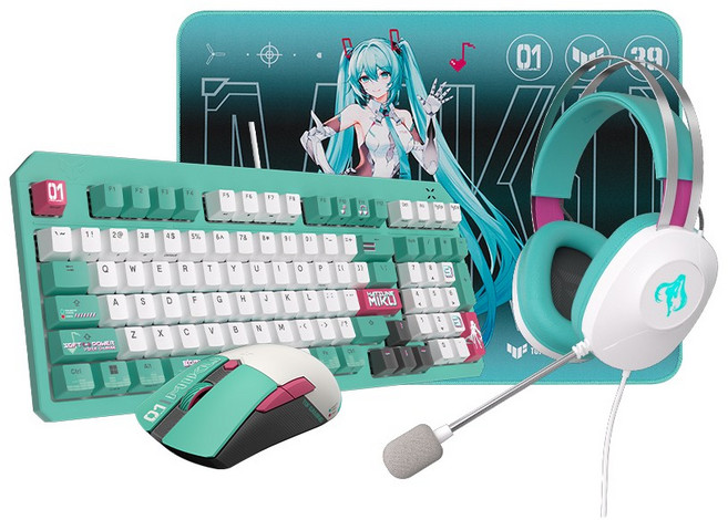 ASUS 華碩 TUF Gaming Hatsune Miku Edition 初音未來 聯名套組 無線滑鼠 有線鍵盤, 青軸, 全尺寸