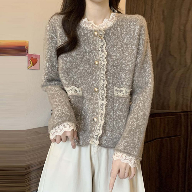 TKX 여성용 클래식 니트 트위드 재킷 레이스 장식 봄 가을 빅사이즈 오피스룩