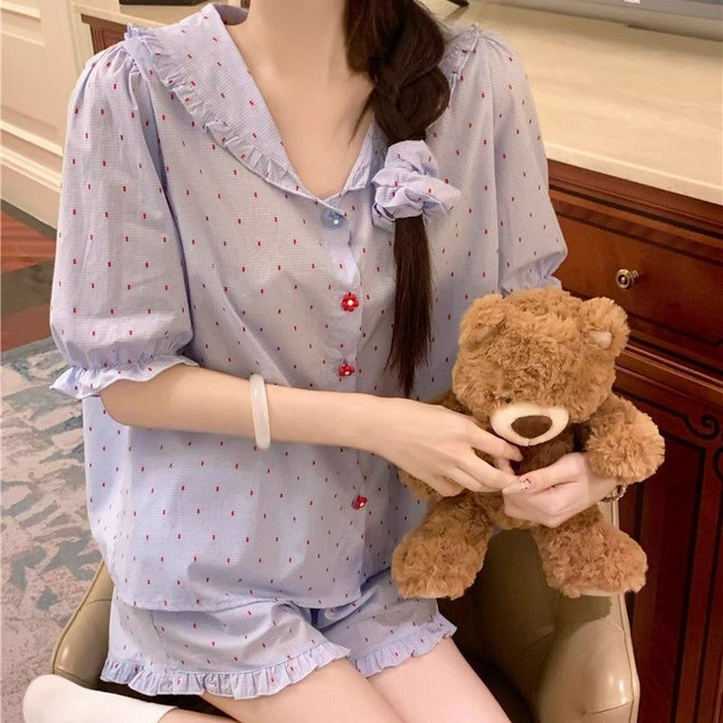 COSYEVNO 여성 도트 러플 반팔 셔츠 반바지 홈웨어 세트 BCXsy-5