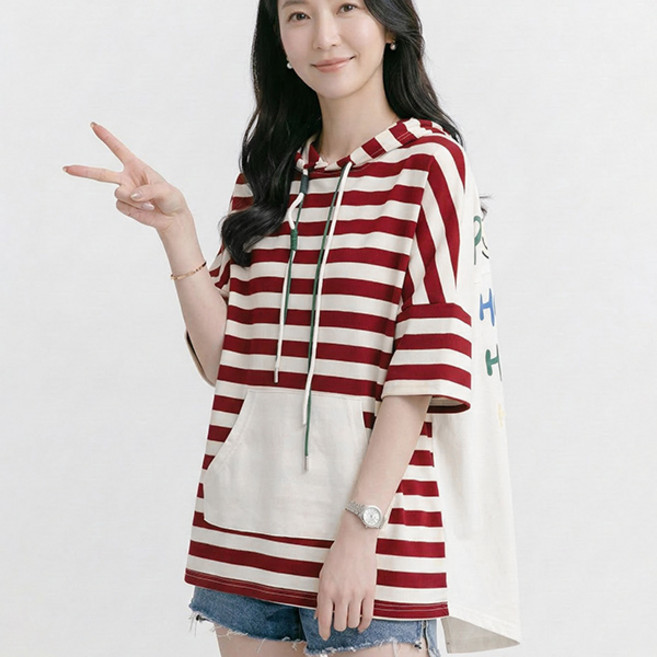 나바바 NT3287 여성 단가라 루즈핏 5부 후드 티셔츠