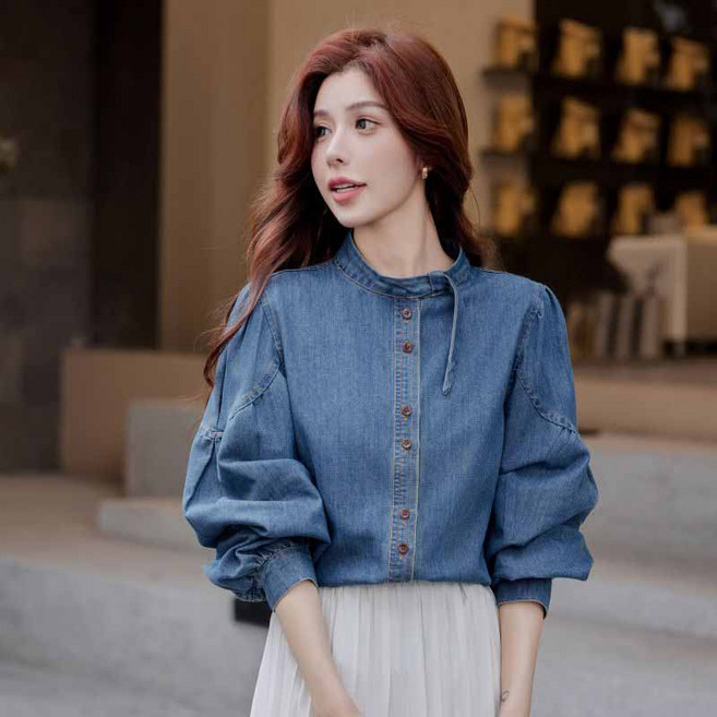 여성 긴팔 데님 셔츠 봄 가을 여자 청남방 기질 프리미엄 빈티지 차이나넥 데님 남방 WXY