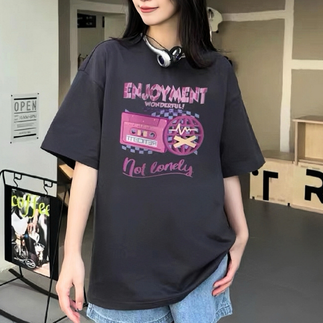 SUNALIFE 여성 핑크 레트로 감성 그래픽 오버핏 반팔 순면 티셔츠