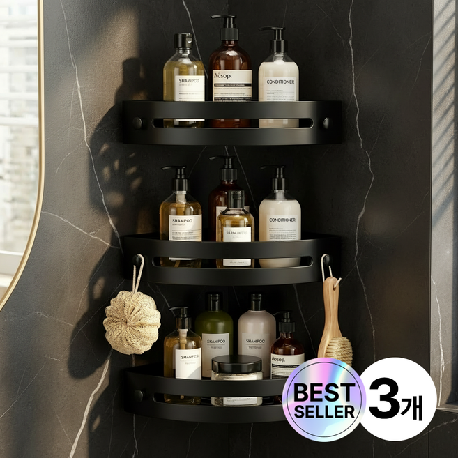 더메이크 무타공 코너형 욕실선반 정리대, 3개, 블랙