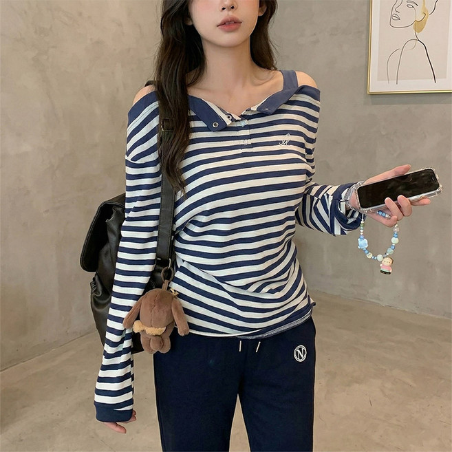 카밀라쇼룸 레이어드 오프숄더 단가라 스냅버튼 긴팔 티셔츠