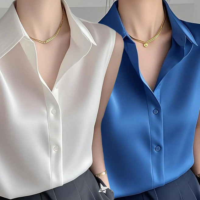 MOSAIRATION 여성 카라넥 새틴 캐주얼 오피스룩 민소매 버튼 셔츠 블라우스 D01012805