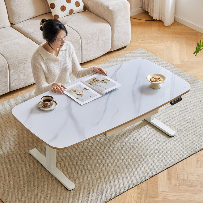 아우스 FJ16 대리석 무늬 강화유리 원목 전동 모션 소파테이블 거실테이블 리프트테이블 높이조절 테이블 좌식 모션데스크 사각형, 대리석 무늬 상판+화이트 프레임