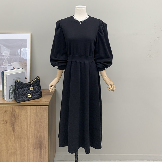 [행복여] 모디 숄더 핀턱 허리 밴딩 캐쥬얼 플레어 원피스