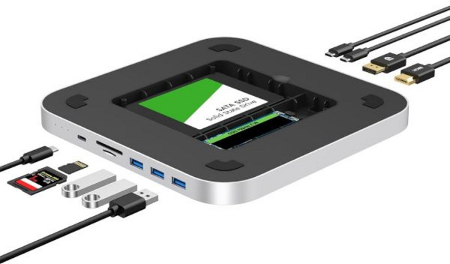 GEWOKLIY듀얼 SSD 인클로저가 장착된 Mac Mini Hub 2.5인치 SATA HDD NVMe M.2 4K HDMI 디스플레이 포트가 Dock USB A/C 포트 M1, HDMI+DP+DUAL SSD ENCLOSURE, 1개