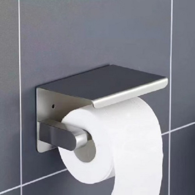 케이디코 무타공 화장실 스텐 휴지걸이 선반형 휴대폰 거치 트레이, 1개, 실버