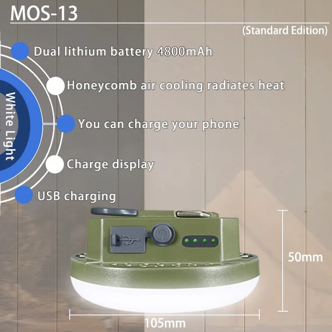 MOSLIGHTING 충전식 휴대용 캠핑 조명 서스펜션 마그네틱 흡입 매우 밝은 LED 텐트 야외 낚시 조명, 07 MOS-13-White-B, 1개, MOS-13B-White
