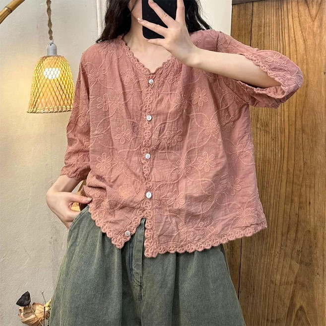 여성 자수 플라워 면 마 레이스 블라우스 7부 소매 여름카디건 루즈핏 반팔 티셔츠