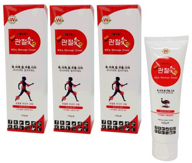 웰빙헬스 관절애 바르는 마사지크림 튜브 핫크림 일반크림 에뮤오일함유 운동전후 근육 보습 영양, 120g, 3개