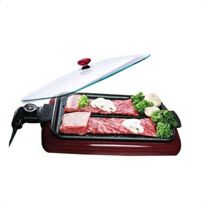 기름빠지는그릴 부모님선물 강화유리뚜껑 마블코팅 전기그릴 캠핑 고기불판 실내 홈파티