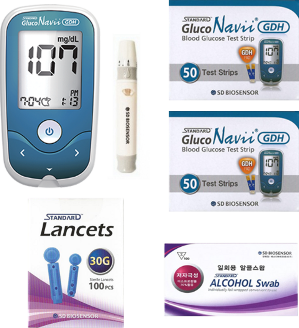 SD 글루코나비 GDH 혈당측정기 풀세트 (기계+시험지100+정품침110+정품솜100+건전지+파우치+채혈기) SW, 기계+시험지100+채혈침110+알콜솜100 매입 풀세트, 1개