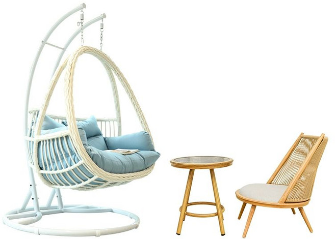 야외 그네의자 1인용흔들의자 쿠션 펜션 정원 리조트 카페 스윙체어 정원그네, 아이보리 바구니세라믹 테이블 D50cm A