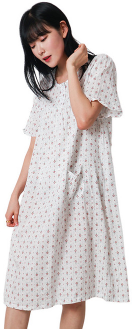 폭스 코튼 엠보 레이스 반팔 원피스 잠옷 E6 여성용