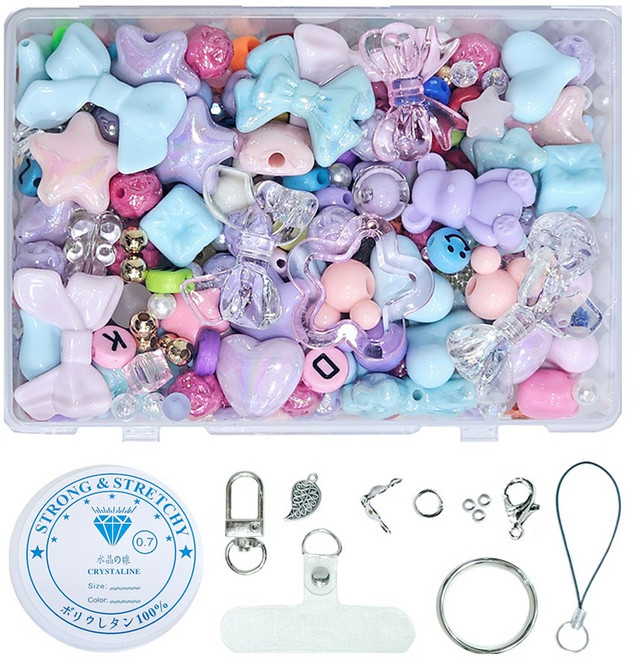[루앤블리] 알찬 비즈 세트 부자재 대용량 파츠 볼꾸 볼펜꾸미기 팔찌 핸드폰 스트랩 키링 만들기 DIY 공예 재료 200g, 1개, 샤랄라(쿨)+부자재
