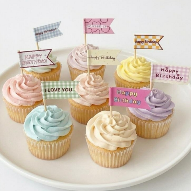 생일 파티 컵 케이크 미니 데코 픽 토퍼 Happy birthday 해피 버스데이 베이킹 카페 유치원 어린이집 아들 딸, 30개, 깃발