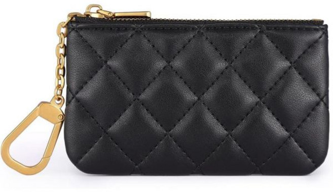 프리미엄 정품 풀 그레인 가죽 미니 코인 지갑 열쇠고리 파우치 남성용 카드 홀더블랙 퀼트-AG