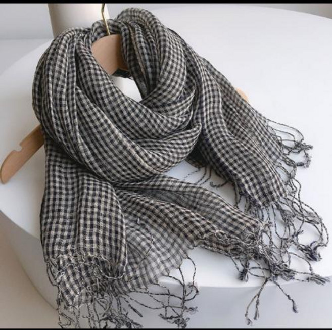 100% 리넨 작은 격자 무늬 스카프 일본 스타일 크레페 에어 컨디셔닝 숄 블랙 화이트 체크 직조 파시미나