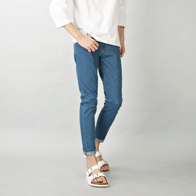 [데님공방] 남자 데일리 스판청바지 중청 사계절 빅사이즈 9부10부 워싱블루 데님팬츠