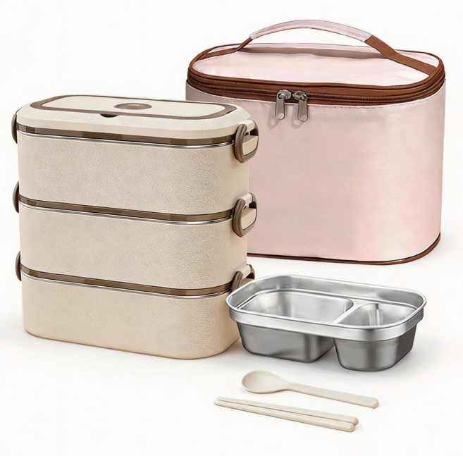 Frokom 한연솔 2단 3단 스텐 보온도시락통 전자레인지 적용 수저세트 휴대용보온백 포함 학생 직장인 런치박스 수능 보온도시락, 3단 베이지, 1개
