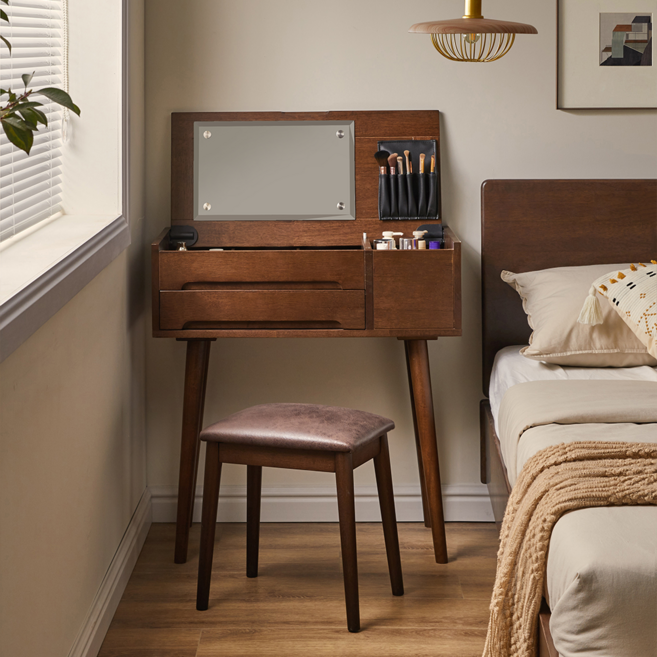 에코 소라노 원목 접이식 화장대+화장대 의자 스툴 세트 입식 수납 거울 화장대 750, HG-4002 월넛 (750mm)