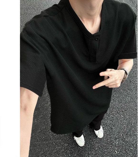 黑色美式亨利領短袖T恤，男款夏華夫格日系潮牌大碼百搭T恤上衣
