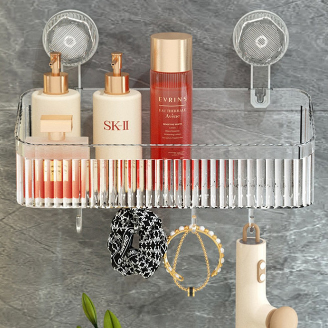 골든 깔끔한 무타공 일자형 욕실선반 다용도 흡착식 후크, 투명, 1개