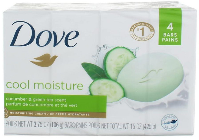 Dove Cool Moisture 모이스처라이저 크림 바 오이 및 녹차 106.3g(3.7온스) 4개입 187558