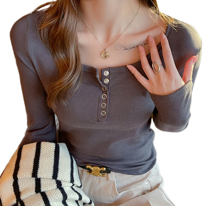 핑크셀럽 데일리 모달 골지 라운드 버튼 티셔츠