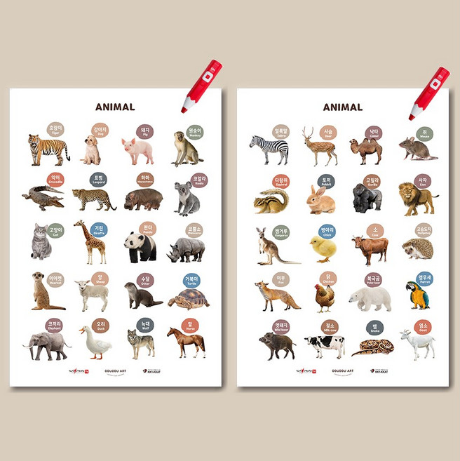 뚜뚜아트 방수 세이펜 아기 교육포스터 유아병풍 한글 영어 벽보, 1번 구성[01.동물(1)+02.동물(2)]