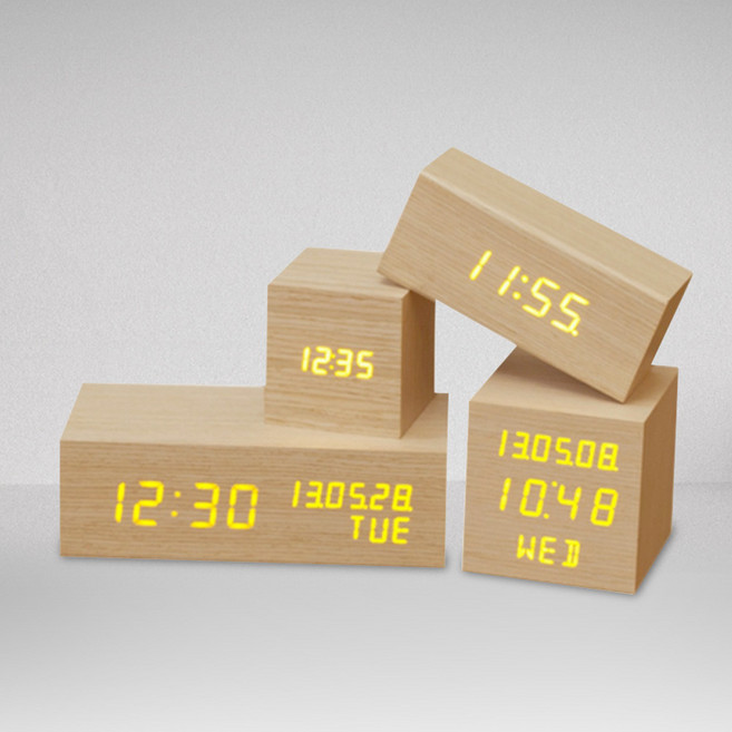 투리 LED 리얼 우드 정사각 직사각 탁상시계 4종, 미니 정사각