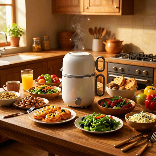 VisuLink베수린크 4in1멀티쿠커 전기냄비 라면포트 멀티쿠커 다용도 찜기+샤브+조림+끊임+1.2L용량+분리 세척 +2단 온도조절 원룸 자취 캥핑여행 빠른조리+AS 5년, 횐색