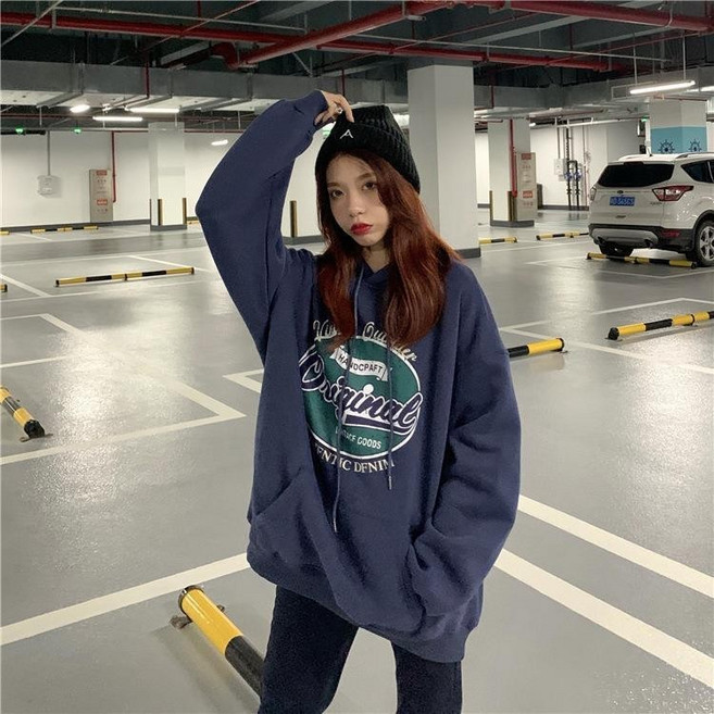 春秋薄款韓版寬鬆帽T 長袖上衣 印花連帽衛衣情侶上衣