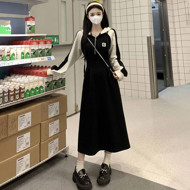 MAKABORO 여성 후드 긴팔 원피스 반집업 캐주얼 뒷트임 봄가을 A라인 원피스