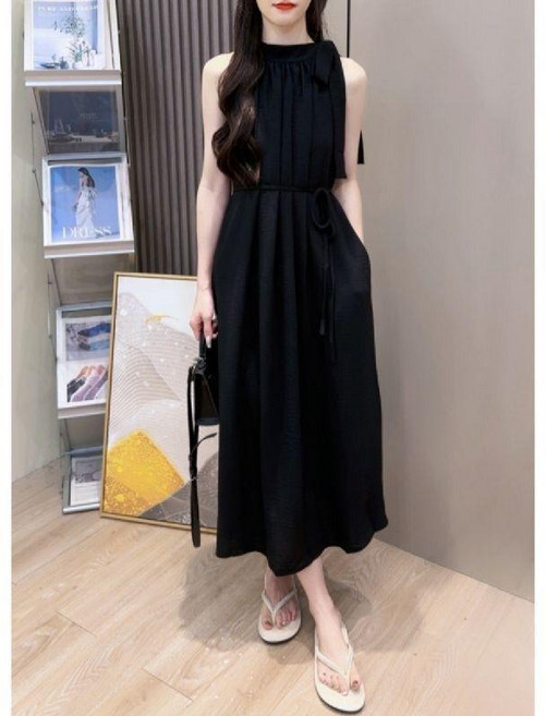 法式復古掛脖連衣裙女裝夏季純色長裙, 黑色（裙長110 168身高以下穿）,均碼（40.0-80.0公斤）, 黑色