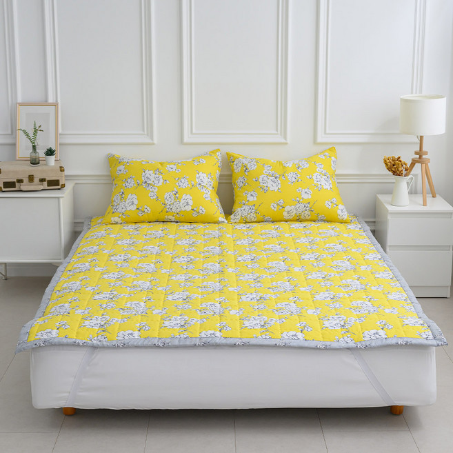 먼지없는 사계절 미끄럼방지 고정밴드 누빔 매직픽 침대패드, 플라워옐로우