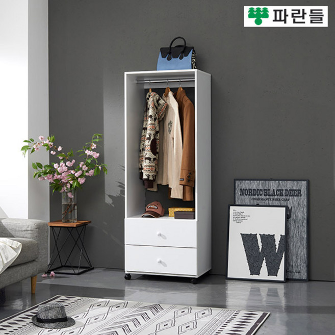 파란들가구 600 서랍 고정/이동식행거 이동옷장 드레스룸 행거, 화이트-고정형