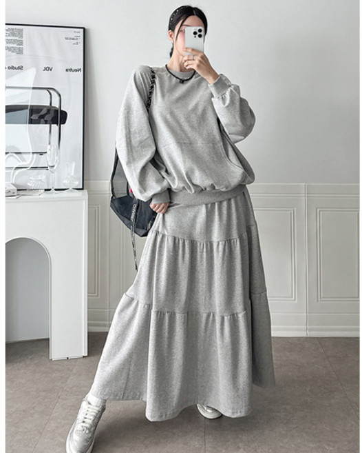 마이쏭 여성 빅사이즈 루즈핏 상하세트 롱치마 호이맨투맨스커트세트