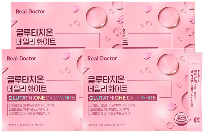 리얼닥터 글루타치온 데일리 화이트 60회분 어린저분자콜라겐 300달톤 고함량글루타치온 피부미백 간보호 히알루론산 엘라스틴, 4박스